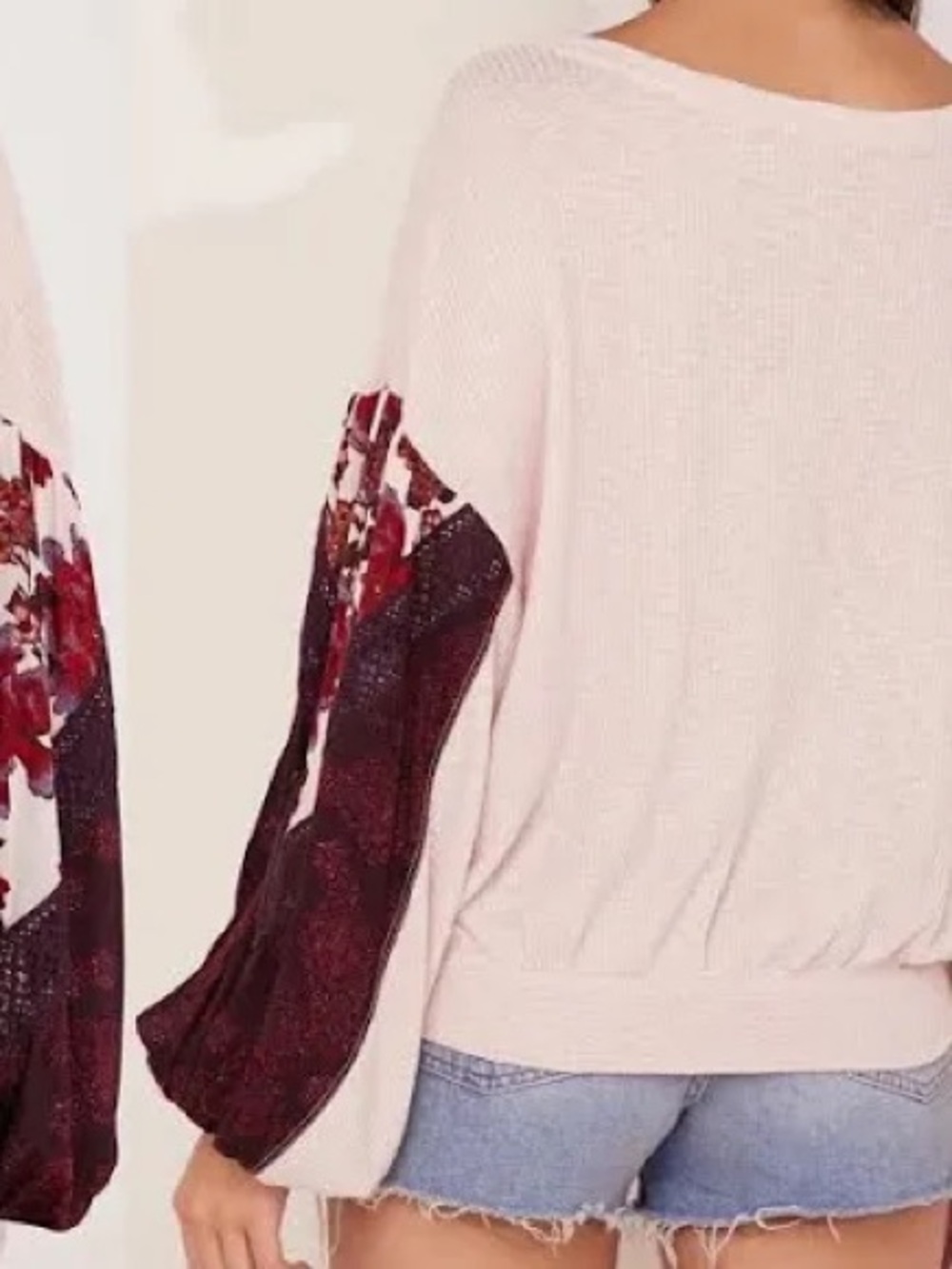 Free People Blush Pink Off-the-Shoulder Sweater with Burgundy Floral Sleeves